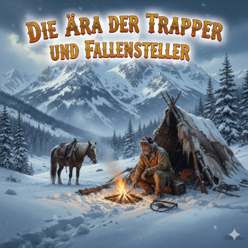 Illustration eines Trappers in den Rocky Mountains im 19. Jahrhundert, historische Kleidung der Mountain Men, Wilder Westen Geschichte.